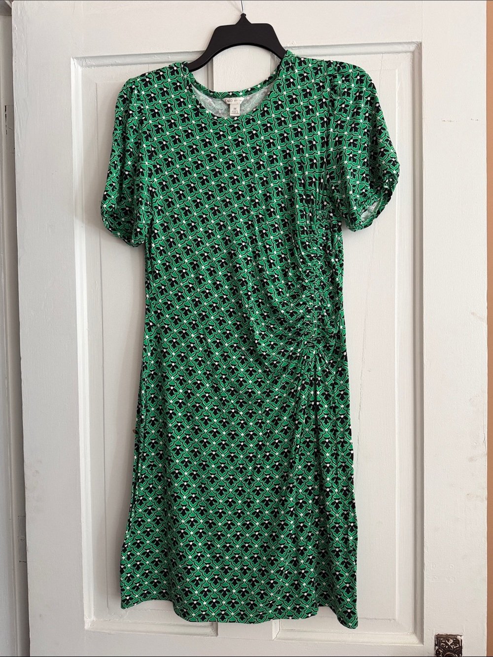 Cato Green Patterned Short Sleeve Side-Ruched Dress